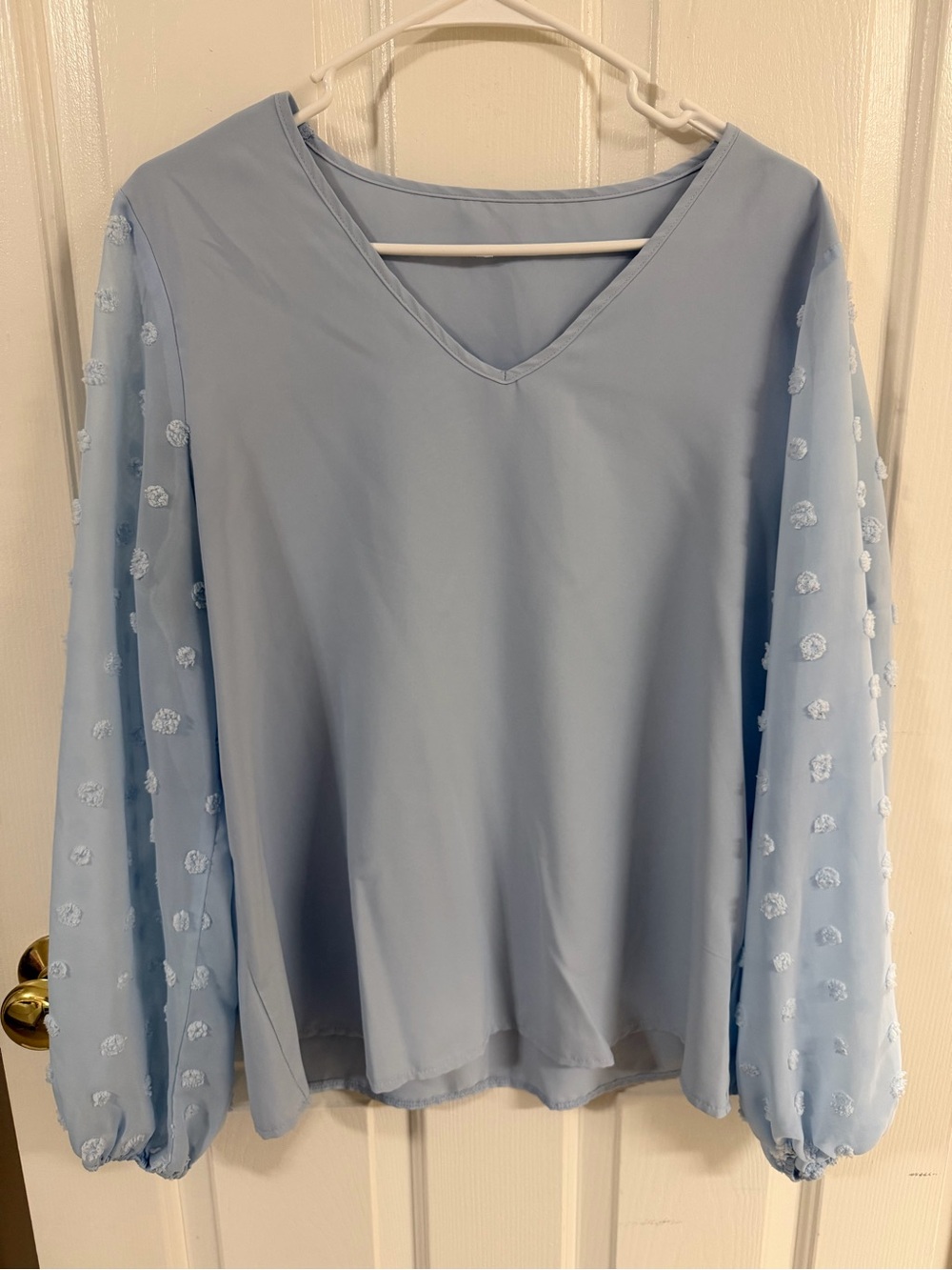 Women’s Light Blue V-Neck Women's Blouse with Textured Sheer Sleeves